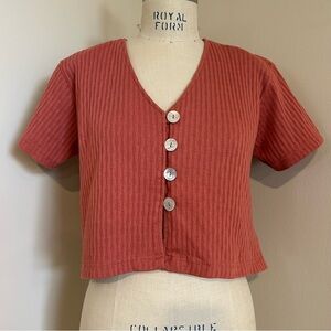 VTG 90s Cropped Rib Knit Top Rust Mauve Minimalist Christopher & Banks Sz ML